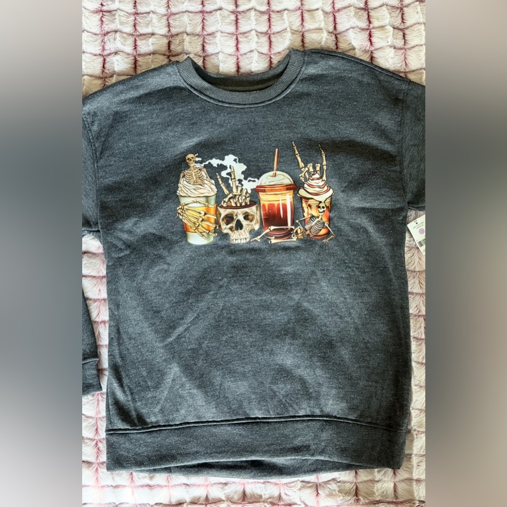 Gray Fall Coffee Latte Skeleton Sweatshirt Spooky Halloween Graphic Adult M